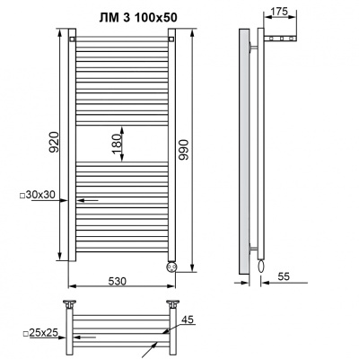Электрический полотенцесушитель Ника Modern ЛМ 3 100x50 масляный с полкой Черный матовый 20 перекладин