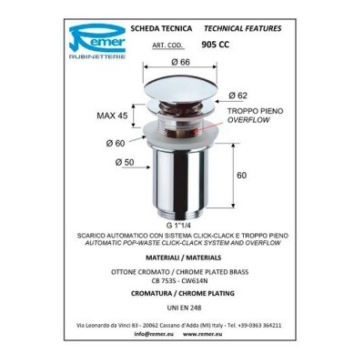 Донный клапан Remer 905CC Хром