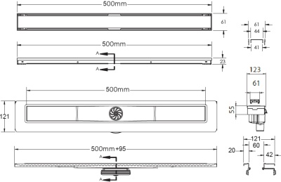 Душевой лоток Berges Wasserhaus B1 Antik 500 090023 с решеткой Матовый хром