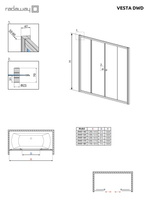 Шторка на ванну Radaway Vesta DWD 170 профиль Хром стекло прозрачное Шторка на ванну Radaway Vesta DWD 170 профиль Хром стекло прозрачное