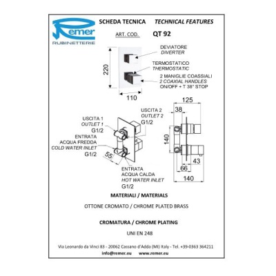 Смеситель для ванны Remer Qubica Thermo QT92 с термостатом Хром