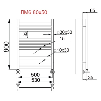 Водяной полотенцесушитель Ника Modern ЛМ 6 80x50 Matt antique silver 12 перекладин