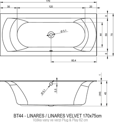 Акриловая ванна Riho Linares 170х75 R BD5300500000000 без гидромассажа
