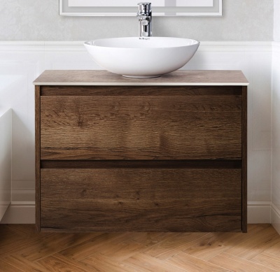 Комплект мебели для ванной BelBagno SET-KRAFT-700-RT-C-BB344-LOY-GRT-600/800 с зеркалом и смесителем Rovere Tabacco, столешница - Cemento (без нанесения узора)