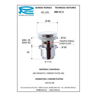Донный клапан Remer 905CC2 Хром
