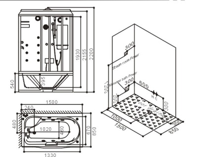 Душевой бокс SSWW WU103A R 150x85 c гидромассажем профиль Белый задняя стенка Белая