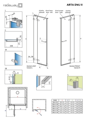 Элемент душевой двери Radaway Arta DWJ II 828 L фурнитура Хром стекло прозрачное